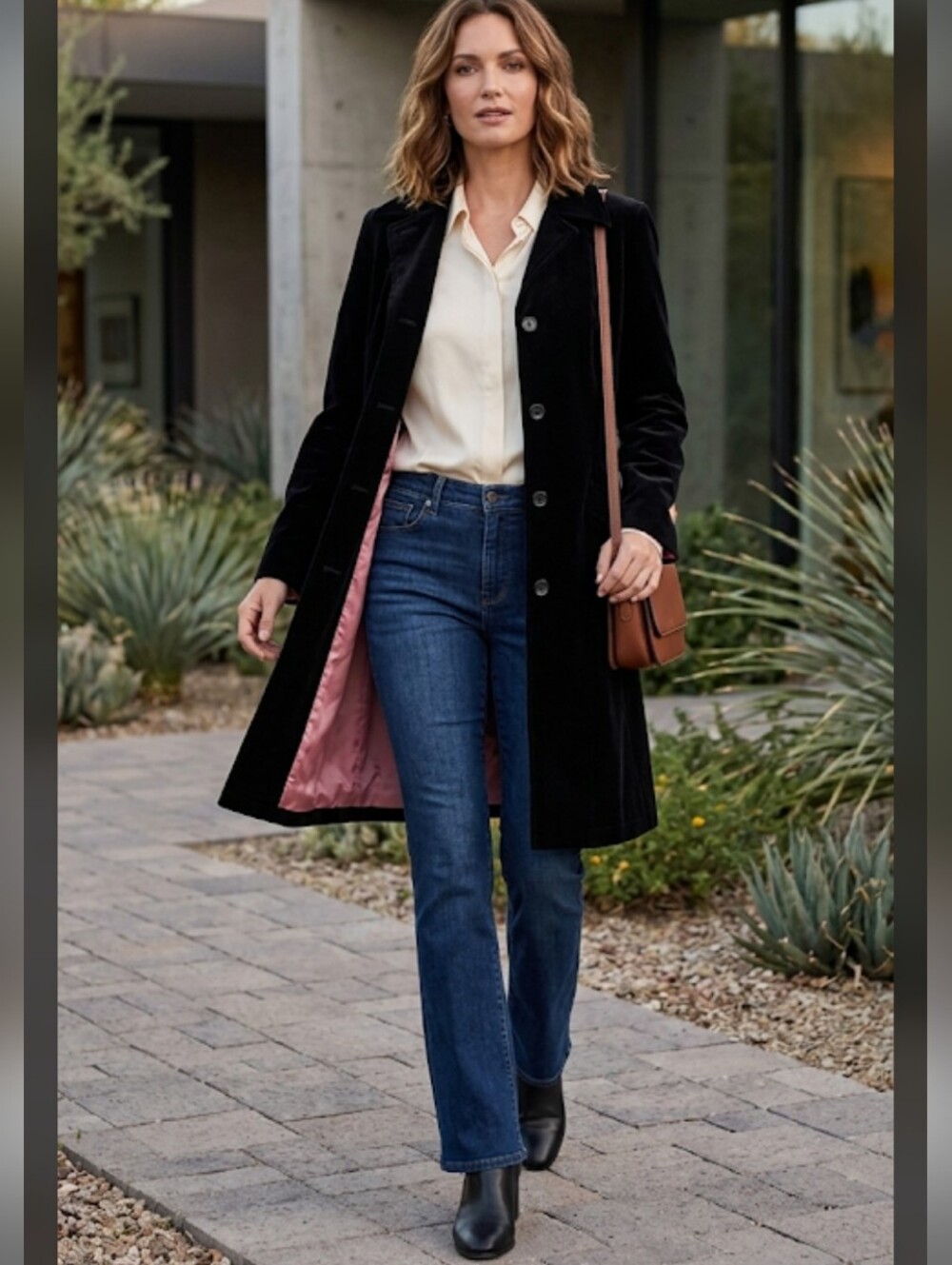 Gallery Black Velvet Trench Coat with Pink Lining